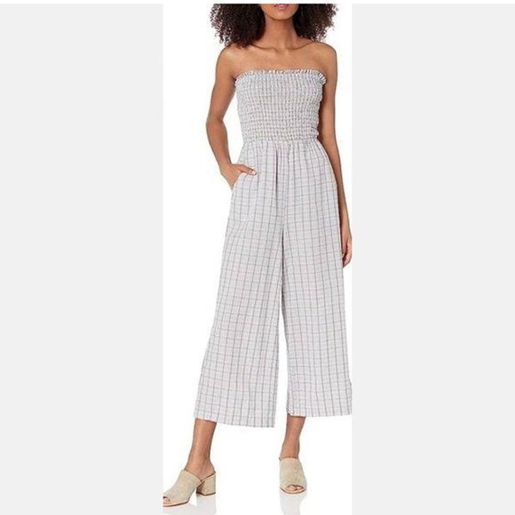 BCBG Generation Sz S Adorable Smocked Strapless Jumpsuit Blue Plaid - Picture 1 of 4